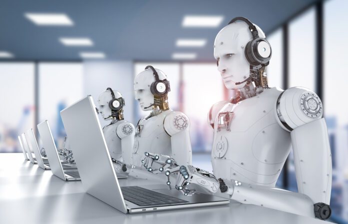 3d rendering humanoid robots working with headset and notebook.