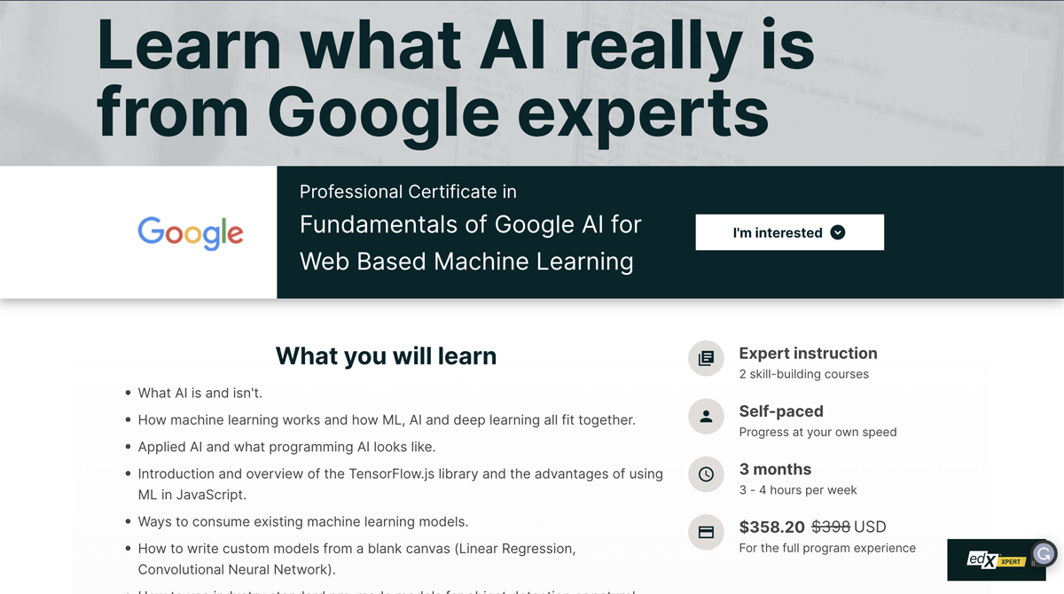 Fundamentals of Google AI for Web Based Machine Learning course details.