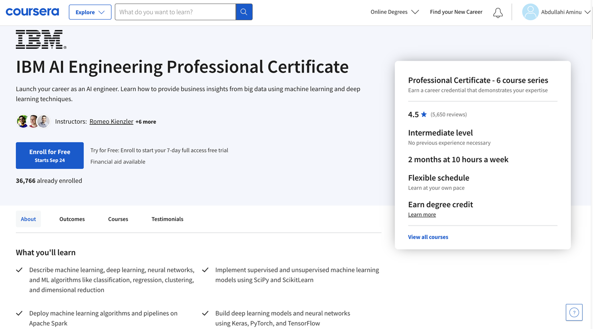 IBM AI Engineering Professional Certificate course details.