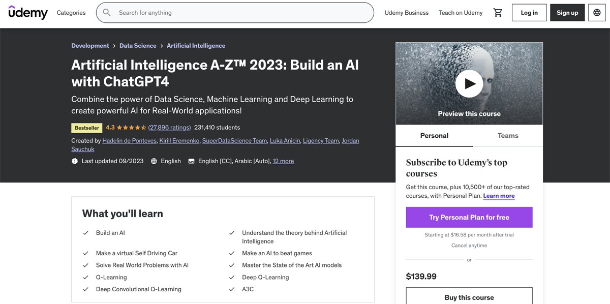 Artificial Intelligence A-Z 2023: Build an AI with ChatGPT4 (Udemy) course details.