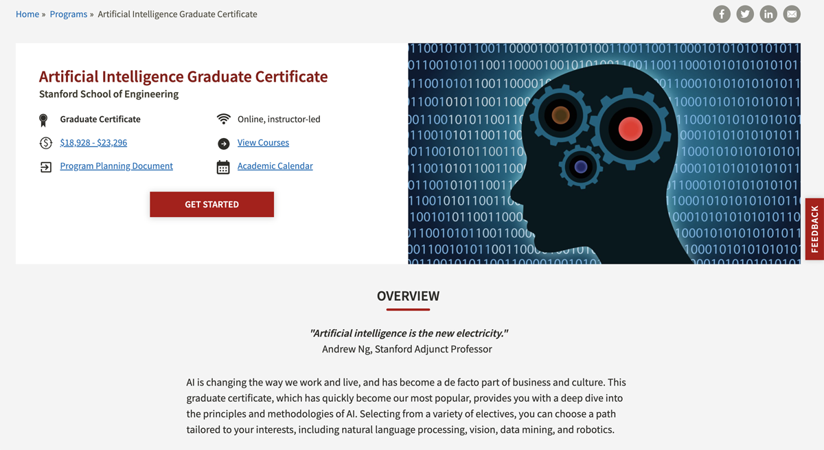 Artificial Intelligence Graduate Certificate course details.