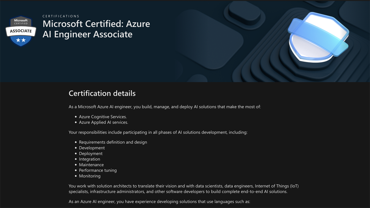 Microsoft Certified: Azure AI Engineer Associate course details.